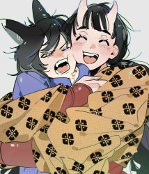 Rule 34 | 2girls, animal ears, annoyed, armor, black hair, blue kimono, body fur, cat ears, cat girl, cheek-to-cheek, chipped tooth, closed eyes, dungeon meshi, facing viewer, fangs, grey background, half-closed eyes, heads together, highres, horns, hug, inutade, izutsumi, japanese armor, japanese clothes, kimono, long hair, long sleeves, looking at viewer, low ponytail, mismatched animal ear colors, mole, mole under eye, multiple girls, nanaasuzy, one eye closed, oni, open mouth, ponytail, print kimono, short hair, simple background, upper body, wide sleeves, yellow kimono