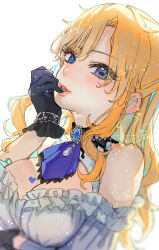 Rule 34 | 1girl, :d, ascot, bare shoulders, black gloves, blonde hair, blue ascot, blue eyes, blush, breasts, cleavage, frilled shirt, frills, fujima (k114), gem, gloves, hand up, heart, heart tattoo, highres, idolmaster, idolmaster cinderella girls, large breasts, long hair, ohtsuki yui, open mouth, shirt, smile, solo, tattoo, teeth, upper teeth only, white shirt