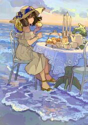 Rule 34 | 1girl, black hair, brown eyes, brown footwear, buchi (qooo003), candle, candlestand, closed mouth, cloud, commentary request, cup, dress, food, grey dress, hair between eyes, highres, holding, holding food, horizon, ocean, off-shoulder dress, off shoulder, original, outdoors, sandals, saucer, sky, smile, solo, sunset, table, tablecloth, teacup, teapot, watch, water, wristwatch