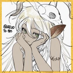 Rule 34 | 1girl, animal ears, animal skull, arm tattoo, bad bcy id, bad id, bare arms, bare shoulders, blonde hair, bored, check copyright, closed mouth, commission, copyright request, dark-skinned female, dark skin, deer ears, fingernails, green eyes, hands on own cheeks, hands on own face, lips, long hair, original, partially colored, shirt, skull on head, sleeveless, sleeveless shirt, solo, tattoo, traditional media, upper body, very long hair, zhen youdian ganjue xiangsi