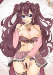 Rule 34 | 1girl, antenna hair, breasts, cleavage, clothes lift, covering crotch, covering privates, from above, heart, heart necklace, idolmaster, jewelry, necklace, nipples, panties, purple panties, sasakura, see-through, solo, tagme, two side up, underwear, wavy hair