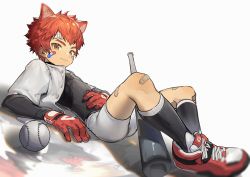 Rule 34 | 1boy, absurdres, animal ears, bandages, baseball, baseball bat, black bodysuit, bodysuit, cat boy, cat ears, child, gloves, highres, jacket, kemonomimi mode, lying, male focus, on back, original, red footwear, red gloves, red hair, shorts, simple background, solo, sora (zwz030), white background, white jacket, white shorts