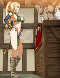 Rule 34 | 1girl, armor, armpits, bikini armor, blonde hair, blue eyes, blush, boots, bottle, breasts, bridal gauntlets, cleavage, elbow gloves, elf, fingerless gloves, from side, full body, gloves, high ponytail, highres, indoors, large breasts, legs, loincloth, long hair, looking at another, mamono no nie ~torawareta elf no matsuro~, navel, o-ring, original, pelvic curtain, pointy ears, sanroku-maru (unnu), sanrokumaru, scar, scar on face, shoulder pads, smile, standing, sword, thighs, warrior, weapon