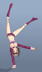 Rule 34 | 1girl, absurdres, balancing, belt, boots, breasts, breasts out, brown eyes, brown hair, cropped jacket, handstand, hat, high heel boots, high heels, highres, knee boots, koga itami, large breasts, medaka box, midriff, monorus, navel, nipples, one arm handstand, short hair, short shorts, shorts, solo, upside-down, wardrobe malfunction