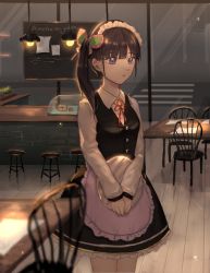 Rule 34 | 1girl, alternate costume, apron, bad id, bad pixiv id, black dress, black hair, butterfly hair ornament, cafe, chair, collared shirt, commentary request, copyright name, counter, cowboy shot, dress, enmaided, frilled dress, frills, hair ornament, highres, holding, holding tray, indoors, kimetsu no yaiba, long hair, maid, own hands together, parted lips, purple eyes, shirt, side ponytail, solo, stool, table, tray, tsuyuri kanao, waist apron, white apron, white shirt, wmax4235