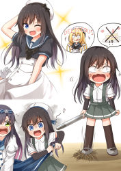 Rule 34 | 2girls, anger vein, arm warmers, asashio (kancolle), black hair, black legwear, blue eyes, blue neckwear, blue ribbon, blue sailor collar, blue skirt, clothes pull, comiching, commentary request, cosplay, expressions, gradient hair, green eyes, hat, highres, jervis (kancolle), jervis (kancolle) (cosplay), kantai collection, long hair, long sleeves, matsuwa (kancolle), multicolored hair, multiple girls, multiple views, one eye closed, open mouth, pink hair, purple hair, ribbon, sailor collar, sailor hat, school uniform, serafuku, shirt, short sleeves, simple background, skirt, skirt pull, speech bubble, suspender skirt, suspenders, tears, thighhighs, torpedo, white background, white headwear, white shirt