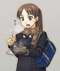 Rule 34 | 1girl, bag, brown eyes, brown hair, buttons, coat, double-breasted, eating, food, gloves, itou (onsoku tassha), long hair, open mouth, original, plaid, plaid scarf, ponytail, scarf, simple background, single glove, solo, takoyaki