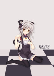 Rule 34 | 10s, 1girl, 2012, animal ears, artist name, bad id, bad pixiv id, bell, black thighhighs, checkered floor, chess piece, dated, floor, high school dxd, holding, kuroneko (raven534), looking at viewer, maid, no shoes, silver hair, simple background, sitting, solo, tail, thighhighs, toujou koneko, wariza, yellow eyes