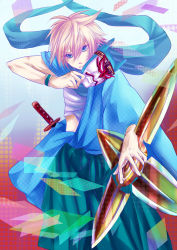 10s 1boy bad_id bad_pixiv_id blonde_hair hakama hakama_skirt highres ivan_karelin japanese_clothes male_focus mask origami_cyclone purple_eyes scarf short_hair shuriken skirt solo superhero_costume tadano_mya tiger_&amp;_bunny weapon