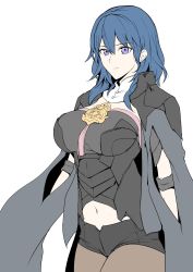 Rule 34 | 1girl, absurdres, armor, black armor, black cape, black shirt, black shorts, blouse, blue eyes, blue hair, breasts, brown pantyhose, byleth (female) (fire emblem), byleth (fire emblem), cape, closed mouth, fire emblem, fire emblem: three houses, hair between eyes, halcon, highres, large breasts, long hair, looking at viewer, medallion, navel, nintendo, pantyhose, pantyhose under shorts, pauldrons, plackart, shirt, short shorts, short sleeves, shorts, shoulder armor, simple background, smile, solo, tassel, thighs, white background