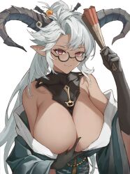 Rule 34 | 1girl, absurdres, black gloves, breast hold, breasts, cleavage, closed mouth, dark-skinned female, dark skin, deep skin, dragon horns, draph, elbow gloves, fediel (granblue fantasy), fediel (soul soother&#039;s finery) (granblue fantasy), gloves, granblue fantasy, grey hair, hand fan, highres, holding, holding fan, horns, huge breasts, long hair, looking at viewer, off shoulder, pointy ears, red eyes, semi-rimless eyewear, simple background, solo, upper body, white background, wizast