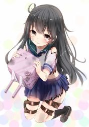 Rule 34 | 1girl, :3, ahoge, black hair, blue skirt, cannon, from above, grey eyes, holding, holding turret, kachayori, kantai collection, long hair, looking at viewer, midriff, open mouth, pleated skirt, school uniform, serafuku, shirt, skirt, solo, torn clothes, torn shirt, torn skirt, turret, upturned eyes, ushio (kancolle)
