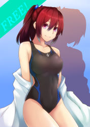 Rule 34 | 10s, 1girl, alternate color, bad id, bad pixiv id, bare shoulders, breasts, competition swimsuit, free!, highres, large breasts, long hair, looking at viewer, matsuoka gou, navel, one-piece swimsuit, pink eyes, ponytail, red eyes, red hair, smile, swimsuit, yashichii
