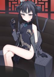 Rule 34 | 1girl, absurdres, black dress, black gloves, black hair, black jacket, blue archive, breasts, butterfly hair ornament, china dress, chinese clothes, couch, crossed legs, double bun, dress, gloves, grey eyes, hair bun, hair ornament, halo, highres, holding, holding lighter, jacket, kisaki (blue archive), lighter, long hair, looking at viewer, off shoulder, pinstripe jacket, pinstripe pattern, side slit, sitting, small breasts, solo, striped, twintails, tyobis.