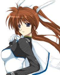 Rule 34 | 00s, 1girl, :o, blush, breasts, brown hair, long sleeves, looking at viewer, lyrical nanoha, magical girl, mahou shoujo lyrical nanoha, mahou shoujo lyrical nanoha strikers, parted lips, ponytail, purple eyes, simple background, takamachi nanoha, takamachi nanoha (exceed mode), twintails, uniform, white background