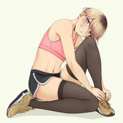 Rule 34 | 1other, black thighhighs, blue eyes, blush, dolphin shorts, ear piercing, full body, highres, looking at viewer, multicolored hair, navel, nike (company), on one knee, pas (paxiti), piercing, short shorts, shorts, simple background, smile, solo, sports bra, sportswear, tagme, tank top, thighhighs