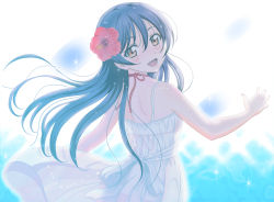 Rule 34 | 1girl, back, bare shoulders, bikini, bikini under clothes, blue hair, blush, commentary request, dress, flower, from behind, h.i.t (59-18-45), hair between eyes, hair flower, hair ornament, long hair, looking at viewer, looking back, love live!, love live! school idol festival, love live! school idol project, open mouth, outdoors, red bikini, red flower, see-through, sleeveless, sleeveless dress, smile, solo, sonoda umi, swimsuit, swimsuit under clothes, white dress, yellow eyes