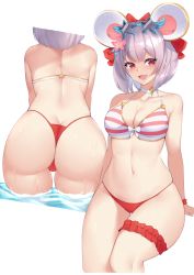 Rule 34 | 1girl, animal ears, arms behind back, ass, back, bare shoulders, bikini, blue-framed eyewear, bow, breasts, bridal garter, butt crack, cameltoe, choker, cleavage, collarbone, eyewear on head, from behind, granblue fantasy, grey hair, hair bow, highres, kuavera, large breasts, looking at viewer, medium breasts, mouse ears, multiple views, navel, open mouth, raised eyebrows, red bikini, red bow, red eyes, red scrunchie, ribbon, scrunchie, shiny skin, short hair, skindentation, smile, star-shaped eyewear, star (symbol), striped bikini, striped clothes, sunglasses, swimsuit, thigh gap, thighs, vikala (granblue fantasy), wading, water, wet, white ribbon, wide hips, wrist scrunchie
