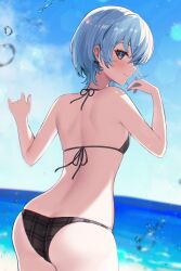 Rule 34 | 1girl, absurdres, ass, back, bikini, black bikini, blue eyes, blue hair, blue sky, butt crack, closed mouth, cloud, day, from behind, halterneck, hands up, haru4983, highres, hololive, hoshimachi suisei, lens flare, looking at viewer, looking back, ocean, official alternate hair length, official alternate hairstyle, outdoors, plaid, plaid bikini, short hair, sky, smile, solo, star (symbol), star in eye, swimsuit, symbol in eye, virtual youtuber, water drop