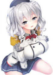 Rule 34 | 10s, 1girl, beret, blush, breasts, epaulettes, female focus, gloves, grey eyes, hat, kantai collection, kashima (kancolle), large breasts, long hair, looking at viewer, military, military uniform, miniskirt, pochadon, silver hair, sitting, skirt, smile, solo, tsurime, twintails, uniform, wariza, wavy hair, white gloves