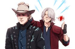 Rule 34 | 2boys, black coat, black gloves, brothers, closed eyes, closed mouth, coat, dante (devil may cry), devil may cry (series), devil may cry 5, donlemefo, facial hair, fingerless gloves, frown, gloves, hat, highres, male focus, multiple boys, red coat, siblings, simple background, sleeves rolled up, smile, spoilers, thumbs up, unbuttoned, unbuttoned shirt, upper body, vergil (devil may cry), white background, white hair, zipper pull tab