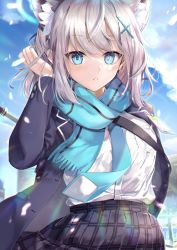 Rule 34 | 1girl, animal ear fluff, animal ears, blazer, blue archive, blue eyes, blue necktie, blue scarf, blurry, blurry background, blush, cat ears, cat girl, cloud, cowboy shot, hair ornament, halo, hand up, hane yuki, highres, id card, jacket, long sleeves, looking at viewer, medium hair, messy hair, necktie, open clothes, open jacket, parted lips, plaid, plaid skirt, scarf, shiroko (blue archive), shirt, sidelocks, silver hair, skirt, sky, solo, standing, sunlight, white shirt, wind, x hair ornament