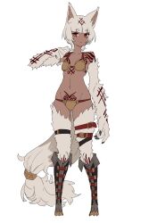 Rule 34 | 1girl, absurdres, animal ear fluff, animal ears, bikini, blunt bangs, body markings, boots, closed mouth, dark-skinned female, dark skin, ekrea jan, expressionless, flat color, full body, hand up, highres, looking at viewer, monster girl, original, red eyes, short eyebrows, short hair, simple background, solo, standing, swimsuit, tachi-e, tail, thigh strap, torn clothes, white background, white fur, white hair, wolf ears