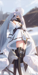 Rule 34 | 1girl, azur lane, bare shoulders, black footwear, black scarf, boots, breasts, cleavage, coat, coat dress, dress, feet out of frame, from below, fur-trimmed coat, fur hat, fur trim, hair between eyes, hair over one eye, hat, highres, kiev (azur lane), long bangs, long hair, looking at viewer, medium breasts, papakha, red eyes, sansan (dongfangzhong111), scarf, silver hair, solo, standing, thigh boots, thighhighs, thighs, twintails, very long hair, white coat, white dress, white hat, winter, winter clothes, wolf