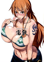 Rule 34 | 1girl, bare shoulders, bikini, bikini top only, blush, breasts, brown eyes, covered erect nipples, denim, earrings, female focus, highres, huge breasts, isao, jeans, jewelry, long hair, looking at viewer, nami (one piece), navel, one piece, open mouth, orange hair, pants, simple background, solo, standing, sweat, swimsuit, tattoo, upper body, white background