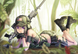 Rule 34 | 1girl, american flag, arm support, bad id, bad pixiv id, battle rifle, boots, camouflage, combat boots, forest, glock, gloves, gun, handgun, hat, holster, kws, load bearing vest, looking at viewer, m14, military, military uniform, nature, original, purple eyes, rifle, shorts, silver hair, solo, suppressor, thigh holster, uniform, variations, weapon