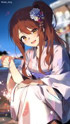 Rule 34 | 1girl, banned artist, blurry, blurry background, fireworks, hair ornament, highres, idolmaster, idolmaster shiny colors, japanese clothes, kimono, long hair, long sleeves, looking at viewer, night, osaki tenka, outdoors, sake dong, solo, squatting, white kimono, yellow eyes