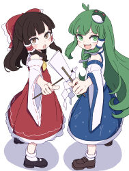Rule 34 | 2girls, absurdres, ascot, bow, detached sleeves, frilled bow, frilled hair tubes, frills, frog hair ornament, gohei, green eyes, green hair, hair bow, hair ornament, hair tubes, hakurei reimu, highres, kame (kamepan44231), kochiya sanae, long hair, looking at viewer, looking to the side, looking up, mary janes, multiple girls, nontraditional miko, open mouth, red bow, red skirt, ribbon-trimmed sleeves, ribbon trim, shoes, single hair tube, skirt, skirt set, smile, snake hair ornament, socks, touhou, v-shaped eyebrows, yellow ascot