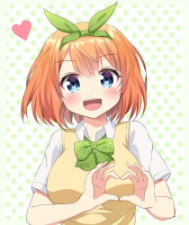 Rule 34 | 1girl, :d, absurdres, blue eyes, blush, bow, breasts, collarbone, collared shirt, commentary, go-toubun no hanayome, green background, green bow, green hairband, green ribbon, hair between eyes, hair ribbon, hairband, hands up, head tilt, heart, heart hands, highres, ikazu401, large breasts, looking at viewer, nakano yotsuba, open mouth, orange hair, polka dot, polka dot background, ribbon, round teeth, shirt, short hair, short sleeves, smile, solo, sweater vest, teeth, two-tone background, upper body, white background, white shirt