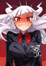 Rule 34 | 1girl, black jacket, black necktie, blunt bangs, blush, breasts, closed mouth, cluseller, demon girl, demon horns, embarrassed, formal, helltaker, highres, horns, jacket, long hair, looking at viewer, lucifer (helltaker), mole, mole under eye, necktie, neckwear request, red eyes, red shirt, shirt, simple background, solo, suit, tears, upper body, white hair, white horns
