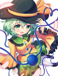 Rule 34 | 1girl, absurdres, black hat, bow, buttons, commentary, diamond button, eyeball, frilled shirt collar, frilled sleeves, frills, green eyes, green hair, green skirt, hat, hat bow, hat ribbon, heart, heart of string, highres, karuru634, komeiji koishi, long sleeves, looking at viewer, open mouth, ribbon, shirt, short hair, skirt, smile, solo, third eye, touhou, white background, wide sleeves, yellow ribbon, yellow shirt