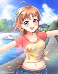 Rule 34 | 1girl, artist name, bird, blue bow, blue shorts, blue sky, blush, boat, bow, cloud, earrings, female focus, happy, highres, jewelry, looking at viewer, love live!, love live! school idol festival, love live! sunshine!!, ocean, orange hair, outstretched arms, parted lips, ponyagii, red eyes, shirt, short hair, shorts, sky, smile, solo, star (symbol), star earrings, striped, striped bow, summer, takami chika, tied shirt, watercraft