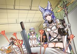 Rule 34 | &gt; &lt;, 2boys, 4girls, animal ears, anre (granblue fantasy), arrow (projectile), beatrix (granblue fantasy), bed, black hair, blanket, blonde hair, blood, blood on face, blue hair, blush, breasts, brown hair, cleavage, closed mouth, constricted pupils, cupitan (granblue fantasy), flying sweatdrops, glint, granblue fantasy, hat, highres, holding, holding staff, hospital bed, indoors, knife, large breasts, long hair, looking at viewer, lu1ani, medium breasts, meme, metal gear (series), metal gear solid v: the phantom pain, multicolored hair, multiple boys, multiple girls, nier (granblue fantasy), nine years in a coma (meme), nurse cap, open mouth, orange hair, peeking out, ponytail, privacy screen, red eyes, seofon (granblue fantasy), shirt, speed lines, staff, sweat, tikoh, twintails, white shirt, yandere