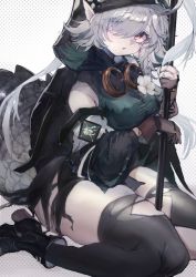 1girl, aburiengawa3150, arknights, black footwear, black gloves, black legwear, boots, crocodilian tail, detached sleeves, flower, gloves, goggles, goggles around neck, green shirt, grey hair, highres, holding, holding staff, hood, hood up, looking at viewer, open mouth, pointy ears, shirt, skindentation, solo, staff, thighhighs, thighs, tomimi (arknights), torn clothes, torn legwear, white flower, yellow eyes