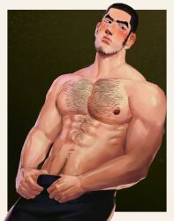 Rule 34 | 1boy, abs, bara, beard, beard stubble, black hair, blush, buzz cut, chest hair, cowboy shot, facial hair, facial scar, finger under clothes, golden kamuy, hairy, highres, large pectorals, long sideburns, male focus, mature male, muscular, muscular male, navel, navel hair, nipples, pectorals, raiz art, scar, scar on cheek, scar on face, short hair, sideburns, sideways glance, solo, stomach, stubble, tanigaki genjirou, thick eyebrows, thick navel hair, topless male, very short hair