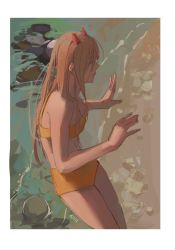 Rule 34 | 1girl, artist name, beach, bikini, border, breasts, chainsaw man, closed eyes, facing to the side, fang, hands up, highres, horns, long hair, null (skev7724), outside border, power (chainsaw man), red horns, rock, sand, small breasts, solo, standing, strapless, swimsuit, yellow bikini