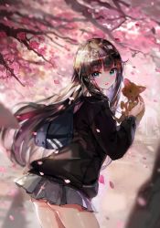 Rule 34 | 10s, 1girl, ass, bag, brown hair, cardigan, cherry blossoms, clothes lift, crab d, dog, from side, green eyes, hanako (idolmaster), idolmaster, idolmaster cinderella girls, long hair, open mouth, petals, revision, school uniform, shibuya rin, skirt, skirt lift, smile, solo, wind, wind lift