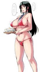 Rule 34 | 1girl, areola slip, between breasts, bikini, black hair, blue necktie, blush, breasts, cleavage, detached collar, female pubic hair, food, futaba channel, green eyes, groin, holding, holding tray, large breasts, long hair, looking away, navel, necktie, necktie between breasts, nijiura maids, open mouth, original, pubic hair, pubic hair peek, red bikini, reisei, side-tie bikini bottom, solo, swimsuit, translation request, tray, tsuda nanafushi, white background