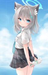 Rule 34 | 1girl, animal ear fluff, animal ears, arms behind back, blue archive, blue necktie, blush, bottle, cat ears, cat girl, cloud, from behind, grey hair, grey skirt, hair ornament, hairclip, halo, highres, looking at viewer, looking back, miniskirt, mochizuki riku, necktie, no tail, outdoors, plaid, plaid skirt, school uniform, shiroko (blue archive), shirt, short hair, short sleeves, skirt, sky, smile, solo, thighs, white shirt