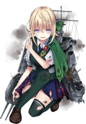 Rule 34 | 1girl, black thighhighs, blonde hair, blouse, blue necktie, blue skirt, blush, braid, braided bangs, brown footwear, buttons, green vest, hair between eyes, kantai collection, kusada souta, machinery, necktie, official art, open mouth, perth (kancolle), pleated skirt, purple eyes, shirt, shoes, short hair, short sleeves, skirt, smoke, solo, thighhighs, torn clothes, torn shirt, torn skirt, torn thighhighs, torn vest, transparent background, turret, vest, white shirt