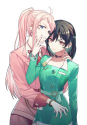 Rule 34 | 2girls, ahoge, black hair, bracelet, choker, collarbone, dress, earrings, formal, green dress, green suit, grin, hand on another&#039;s chin, hand on another&#039;s neck, highres, jacket, jewelry, long sleeves, looking at viewer, love live!, love live! nijigasaki high school idol club, mifune shioriko, mole, mole under eye, multiple girls, necklace, pink hair, pink jacket, pink suit, skirt, skirt suit, smile, suit, xunyu (manyu), yuri, zhong lanzhu