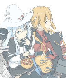 Rule 34 | 2girls, anchor necklace, basket, black gloves, black hat, black legwear, black skirt, blue eyes, brown eyes, brown hair, candy, capelet, commentary request, fingerless gloves, food, gloves, hair ornament, hairclip, halloween costume, hammer and sickle, hat, hibiki (kancolle), jack-o&#039;-lantern, jewelry, kantai collection, long hair, low twintails, multiple girls, necklace, ninimo nimo, pantyhose, pleated skirt, pumpkin, red shirt, rigging, school uniform, serafuku, shirt, silver hair, skirt, star (symbol), tashkent (kancolle), thighhighs, torpedo tubes, turret, twintails, untucked shirt, verniy (kancolle), white background, white hat, witch hat
