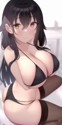 Rule 34 | 1girl, akira shiun, azuma (azur lane), azur lane, bikini, black hair, blush, breasts, commentary request, eyes visible through hair, hair between eyes, highres, large breasts, long hair, looking at viewer, maid, maid bikini, necktie, open mouth, solo, swimsuit, thighhighs, unconventional maid, yellow eyes