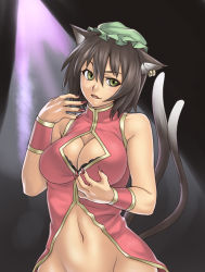 Rule 34 | 1girl, aged up, animal ears, black hair, bottomless, bra, breasts, cat ears, cat girl, cat tail, chen, cleavage, cleavage cutout, clothing cutout, earrings, female focus, fingernails, green eyes, hat, houtengeki, jewelry, large breasts, lingerie, multiple tails, nail polish, navel, nekomata, no panties, out-of-frame censoring, pink nails, solo, tail, touhou, two tails, underwear
