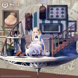 Rule 34 | 1girl, allenes, animal, azur lane, black bow, black footwear, blonde hair, blue eyes, bow, cat, clock, flower, garter straps, highres, icarus (at your service) (azur lane), icarus (azur lane), kneeling, long hair, looking at viewer, maid, maid headdress, official alternate costume, official art, promotional art, smile, stairs, thighhighs, white thighhighs