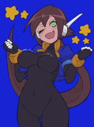 Rule 34 | 1girl, absurdres, aile (mega man zx), black bodysuit, blue background, blue jacket, blush, bodysuit, bodysuit under clothes, bouncing breasts, breasts, brown hair, buzzlyears, commentary, covered collarbone, covered navel, cropped jacket, fang, faux traditional media, glowing, green eyes, grin, highres, jacket, large breasts, long hair, looking at viewer, mega man (series), mega man zx, mega man zx advent, motion lines, no pants, one eye closed, open clothes, open jacket, ponytail, robot ears, simple background, skin fang, smile, star (symbol)